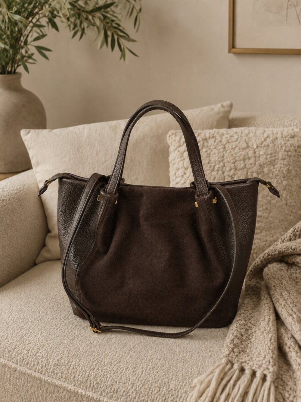 Trendy Brown Leather Suede Tote Bag: Handmade Italian Work Bag